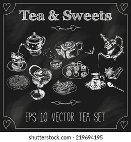 Japanese indian and classic english porcelai teapots teacups and sweets sketches composition set  blackboard chalk vector illustration