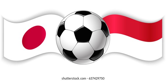 Japanese and Indonesian wavy flags with football ball. Japan combined with Indonesia isolated on white. Football match or international sport competition concept.