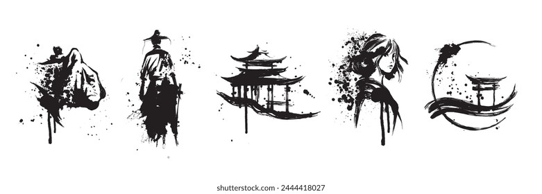 Japanese ink brush vector stain set, asian symbol collection, oriental tiger, samurai, pagoda circle. Calligraphy paintbrush traditional object, dye splatter watercolor drips. Japanese ink design