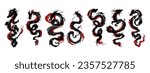 Japanese ink dragon set, vector Chinese watercolor brush silhouette zodiac print, mythology art. Asian calligraphy, oriental vintage horoscope fantasy sign kit, 2024 New Year symbol. Japanese dragon