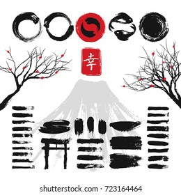 Japanese ink grunge art brushes and asian design elements vector set. Japanese ink black texture stroke illustration