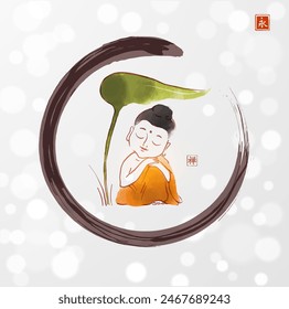 Japanese ink painting with little Buddha in meditation, sheltered beneath a large green leaf in black enso zen circle on white shimmering background. Translation of hieroglyphs - zen, eternity