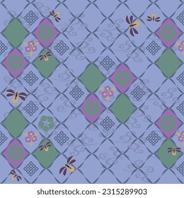 Japanese inspired blue pond summer wallpaper and background pattern with morning glory floral motif, water ripples and simplified fireflies