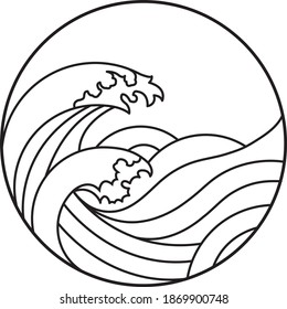 Japanese inspired breaking wave line art badge