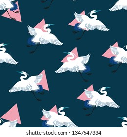 Japanese inspired heron illustrated seamless pattern for fabrics, gift wrap, stationery, and interior design.