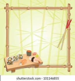 Japanese inspired sushi  party with an assortment of sushi on a wood serving board, chop sticks and a bamboo frame with a subtle background of lucky bamboo. Great for any Japanese themed party!