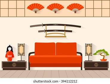 Japanese Interior. living room in a flat style. Vector illustration. Traditional Oriental Room.