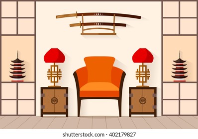 Japanese Interior. living room in a flat style. Vector illustration. Traditional Oriental Room.