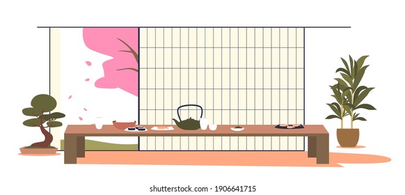 Japanese interior: oriental dining room with table, teapot and traditional eastern cuisine. Empty asian room with traditional furniture. Flat vector illustration