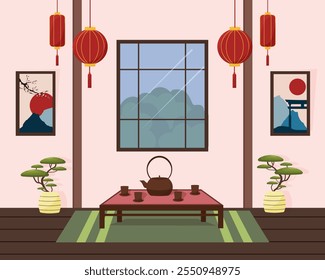 Interior japonés. Mesa para la ceremonia del té. Tetera y tazas, linternas decorativas y pinturas en la pared. Ventana con vistas a los árboles. Bonsái en macetas. Ilustración vectorial. Interior oriental.