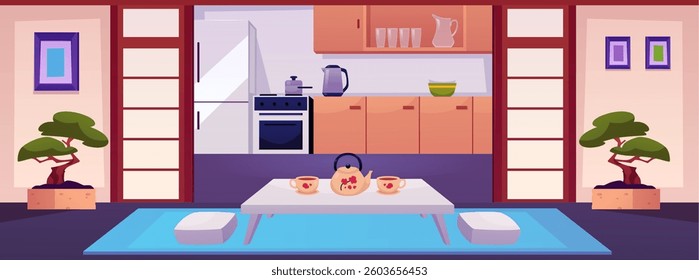 Japanese interior. Vector of traditional room with furniture, kitchen utensils. Dining table with tea, refrigerator, gas stove and decorative elements. Room for home or hotel. Flat cartoon style.