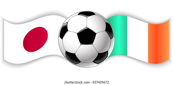 Japanese and Irish wavy flags with football ball. Japan combined with Ireland isolated on white. Football match or international sport competition concept.