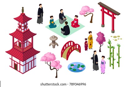 Japanese isometric elements  couple kimono sakura geisha traditional japanese clothes sakura bamboo bridge light pond hakama haori traditional japanese people isometric japan elements isolated