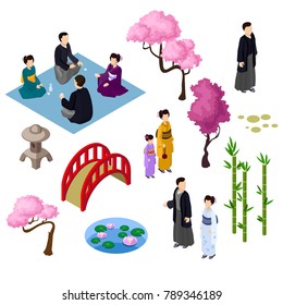 Japanese isometric elements people man woman couple kimono sakura geisha traditional japanese clothes sakura bamboo bridge light pond hakama haori