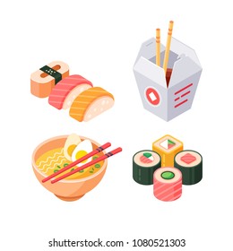 Japanese Isometric Food Icons: Sushi, Rolls, Ramen And Lunch Box. Bowl Of Chicken Noodle Soup And Chopsticks. Vector 3d Isometric Illustration