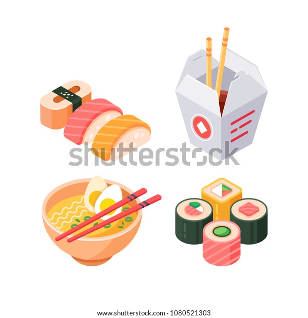 日本のアイソメ食品アイコンのセット すし ロール ラーメン お弁当 茶碗に盛ったチキンヌードルスープと箸 ベクター画像3dアイソメイラスト のベクター画像素材 ロイヤリティフリー