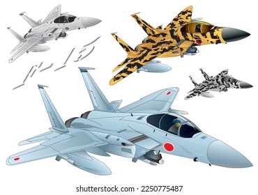 Japanese jet fighter aircraft F-15 strike eagle flying illustration (Normal and black and orange camouflage vector set)