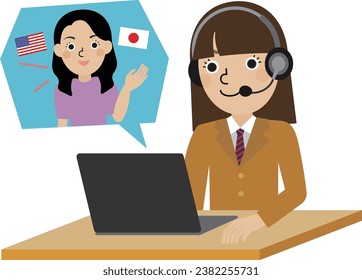 Japanese junior high and high school girl wearing a blazer having an online English conversation with a Japanese-English bilingual teacher.
