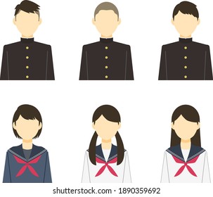 Japanese junior high school and high school students illustration set