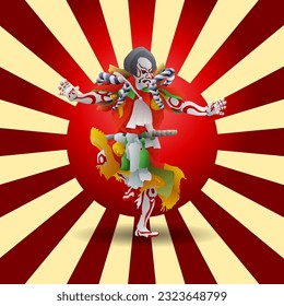 Japanese Kabuki performer with painted face against a rising sun symbol. Vector illustration.