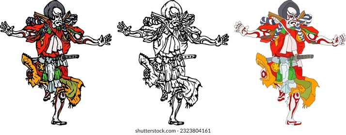 Japanese Kabuki performer in samurai costume and painted face, isolated against white. Hand drawn vector illustration.