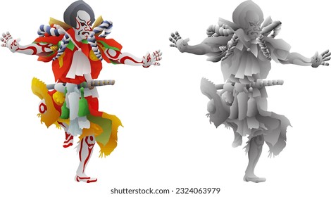 Japanese Kabuki performer in samurai costume and painted face, isolated against white. 3D vector illustration.