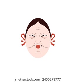 Japanese Kabuki theater mask icon. Authentic art colored picture theatrical face. Asian mythology symbol, historical culture. Masquerade traditional face makeup shading vector illustration