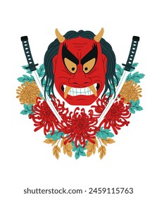 Japanese Kabuki theater mask and katana sword decorated flowers. Asian mythology devil symbol with horns and fangs. Authentic masquerade traditional horror face makeup vector art illustration