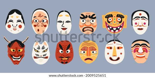 Japanese Kabuki Theater\
masks collection. Ancient Korean mask elements set. Ethnic Asian\
costume isolated. Different masquerade traditional souvenirs in\
cartoon design.