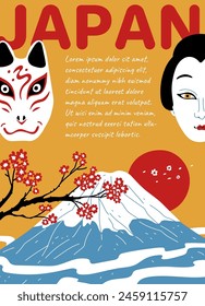 Máscaras de teatro japonesas Kabuki. Póster de Vector Japón naturaleza montañosa, solar y sakura. Símbolos de la mitología asiática Leyenda oriental. Auténtica arte teatral de colores de maquillaje de caras, bozal animal