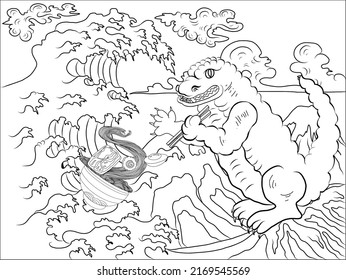 Japanese Kaiju monster for printing on T-shirt.ramen and wave for restaurant printing on wallpaper.Ramen vector illustration for doodle art.Sunrise with chopsticks vector for painting on background.