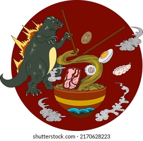 Monstruo japonés de Kaiju para imprimir en camiseta.ramen y ola para la impresión en restaurante en papel pintado.Ilustración vectorial de Ramen para el arte del doodle.Amanecer con palillos vectores para la pintura en el fondo.