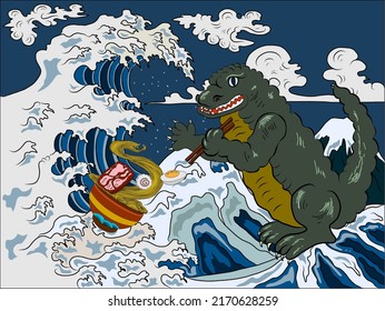 Japanese Kaiju monster for printing on T-shirt.ramen and wave for restaurant printing on wallpaper.Ramen vector illustration for doodle art.Sunrise with chopsticks vector for painting on background.