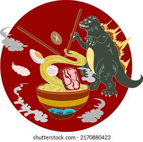 Japanese Kaiju monster for printing on T-shirt.ramen and wave for restaurant printing on wallpaper.Ramen vector illustration for doodle art.Sunrise with chopsticks vector for painting on background.