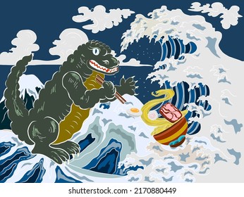 Japanese Kaiju monster for printing on T-shirt.ramen and wave for restaurant printing on wallpaper.Ramen vector illustration for doodle art.Sunrise with chopsticks vector for painting on background.