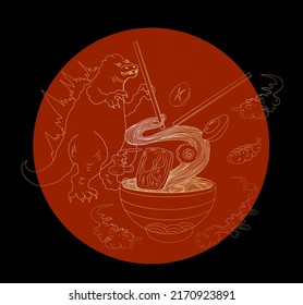 Japanese Kaiju monster for printing on T-shirt.ramen and wave for restaurant printing on wallpaper.Ramen vector illustration for doodle art.Sunrise with chopsticks vector for painting on background.