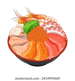 Japanese kaisen don menu illustration vector. Kaisen donburi (Seafood rice bowl) Japanese kaisendon with salmon, tuna, saba, tako squid, caviar, tamagoyaki, Scallops and shrimp (Prawn) Sashimi seafood