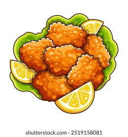 Vector japonés de ilustración de menú de pollo Karaage. Menú de iconos de pollo frito japonés. 
Pollo frito crujiente marinado en lechuga verde y limón. 
Bocadillo tradicional japonés Bocadillos crujientes de pollo frito