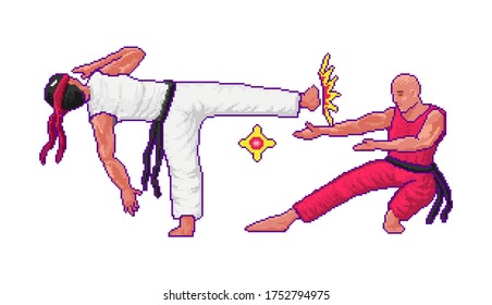 Japanese Karate. Fight or Battle in the game concept. Pixel art 8 bit characters objects. Retro digital game assets. Fashion icon. Vintage Computer video. 