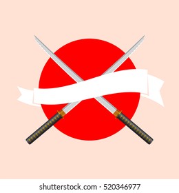 Japanese Katana swords with white Ribbon banner on the Japanese Flag background. Samurai sword logo. Vector illustration. Sushi Restaurant Menu template, blank, design elements.