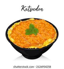 Japanese katsudon fried pork cutlet recipe isolated on white background illustration vector. svg