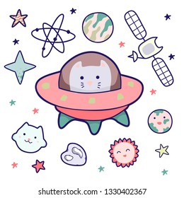 Japanese kawaii cat travels in space and a set of cosmic elements.. Vector funny animals clip art.