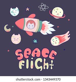 Japanese kawaii cat travels in space and set of cosmic elements and lettering Space Flight. Vector funny animals clip art.