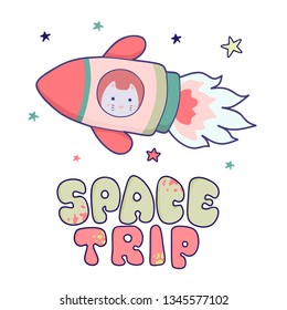 Japanese kawaii cat travels in space and the inscription lettering Space trip. Vector funny animals clip art.