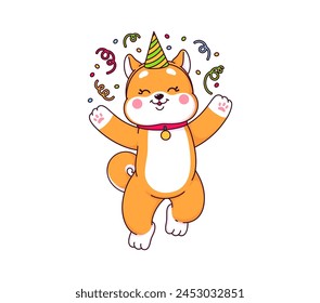 Personaje de perro kawaii shiba inu japonés en la fiesta. Dibujo animado lindo animal de compañía, Vector de cachorro marrón personage bailando con sombrero de fiesta, confeti y serpentinas de papel de color. Shiba inu perro que se divierte emoji