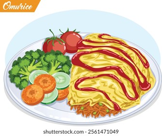 Japanese Ketchup Rice or Omurice Served with Veggies Broccoli, Carrots, Cucumbers and Cherry Tomatoes on Plate. Anime Food Art 