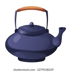 Japanese kettle, teapot traditional ceramic in cartoon style isolated on white background. 
