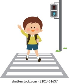 Japanese kids walking up the pedestrian crossing at the green light