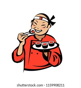 Japanese in kimono to eat sushi and rolls. Vector logo of Japanese restaurant. Sushi restaurant. Fresh seafood.