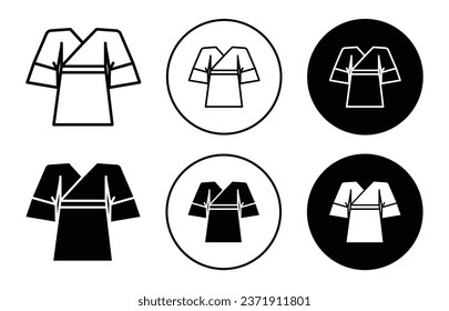 Japanese kimono icon. Japan traditional judo martial art dress cloth symbol set. Japanese kimono art practice wear vector sign. Karate combat kimono uniform line logo